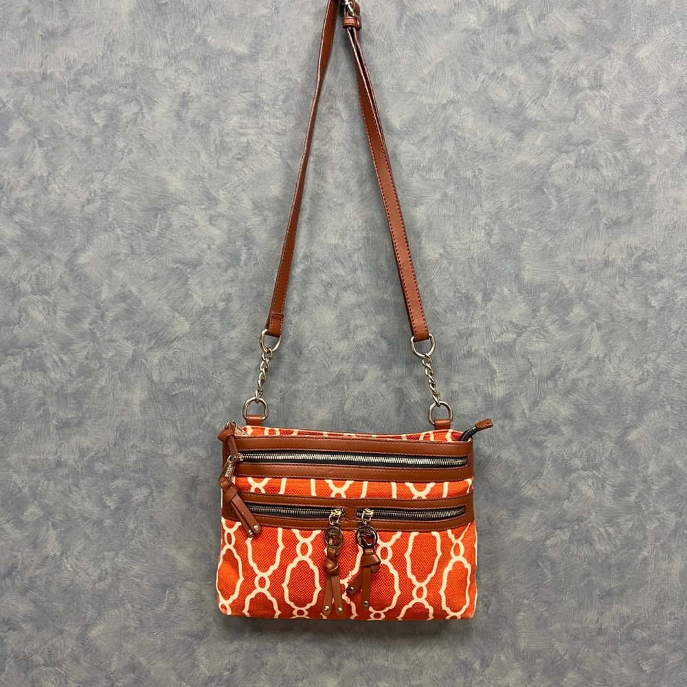 Spartina 449 Crossbody Bag Purse Triple‎ Zip Natural Linen Leather Accent